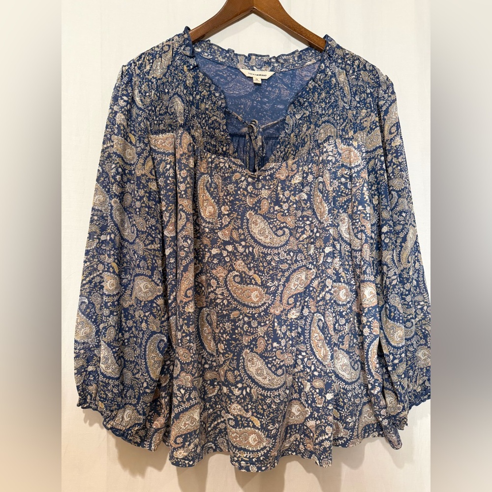 Lucky Brand Cotton Modal Blend Mixed Media Paisley Print Blouse Top - Blue - 2X